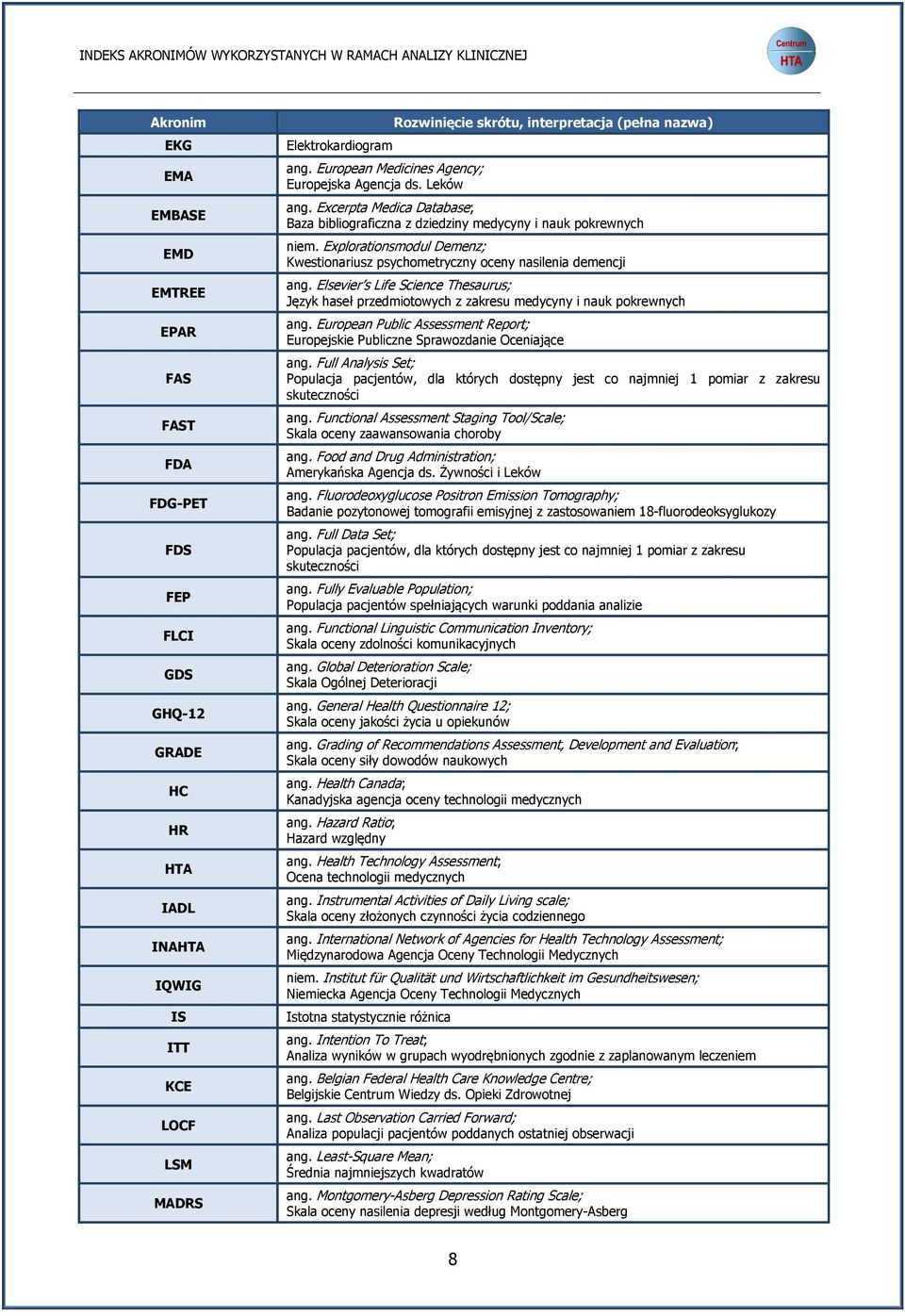 Excerpta Medica Database; Baza bibliograficzna z dziedziny medycyny i nauk pokrewnych niem. Explorationsmodul Demenz; Kwestionariusz psychometryczny oceny nasilenia demencji ang.