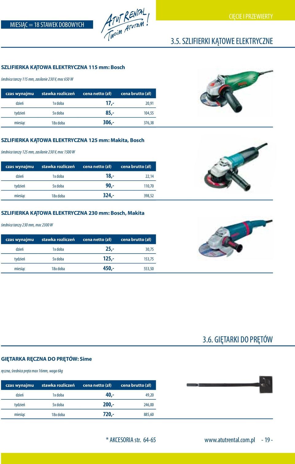 306,- 376,38 SZLIFIERKA KĄTOWA ELEKTRYCZNA 125 mm: Makita, Bosch średnica tarczy 125 mm, zasilanie 230 V, moc 1500 W dzień 1x doba 18,- 22,14 tydzień 5x doba 90,- 110,70 miesiąc 18x doba 324,- 398,52