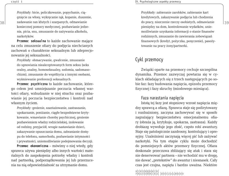 niszczenie rzeczy osobistych, odmawianie 39 koniecznej pomocy medycznej, pozbawianie jedze- pieniędzy na dom, kontrolowanie wydatków, unie- nia, picia, snu, zmuszanie do zażywania alkoholu,