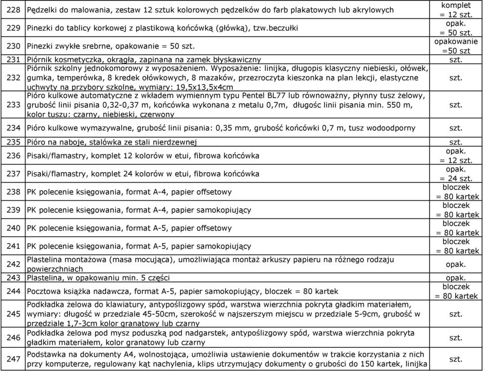 Wyposażenie: linijka, długopis klasyczny niebieski, ołówek, gumka, temperówka, 8 kredek ołówkowych, 8 mazaków, przezroczyta kieszonka na plan lekcji, elastyczne uchwyty na przybory szkolne, wymiary: