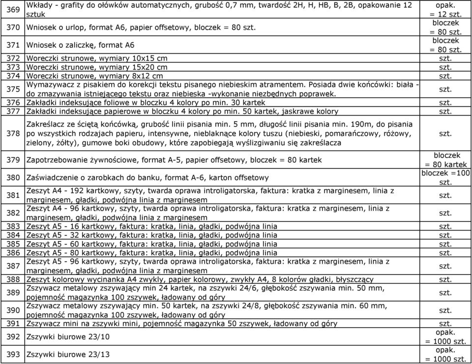 atramentem. Posiada dwie końcówki: biała - do zmazywania istniejącego tekstu oraz niebieska -wykonanie niezbędnych poprawek. 376 Zakładki indeksujące foliowe w bloczku 4 kolory po min.