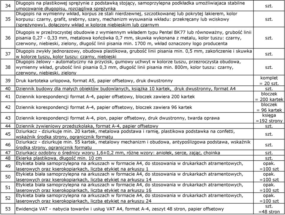 niebieskim lub czarnym Długopis w przeźroczystej obudowie z wymiennym wkładem typu Pentel BK77 lub równoważny, grubość linii pisania 0,27-0,33 mm, metalowa końcówka 0,7 mm, skuwka wykonana z metalu,