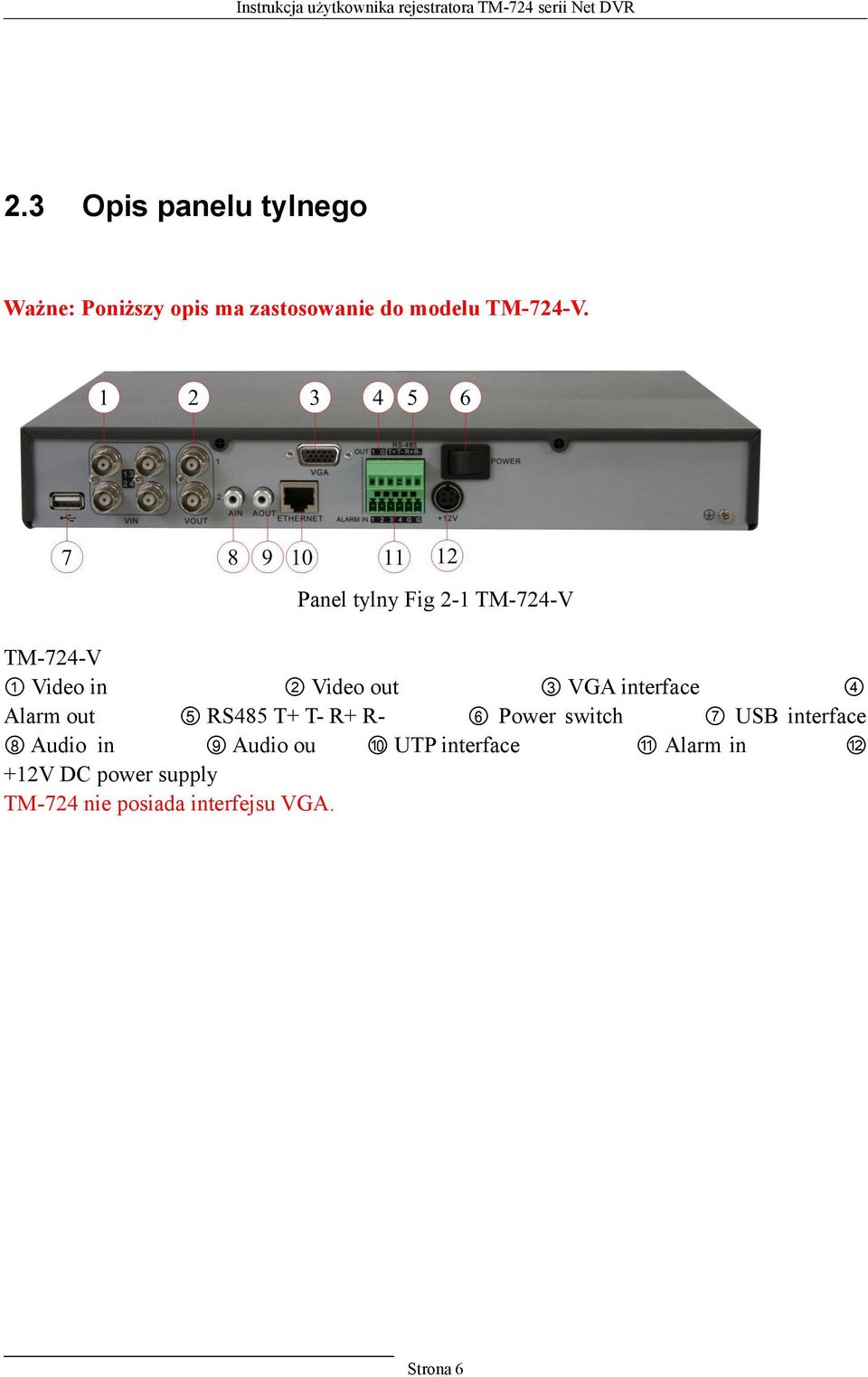 Alarm out ⑤ RS485 T+ T- R+ R⑥ Power switch ⑦ USB interface ⑧ Audio in ⑨ Audio ou ⑩