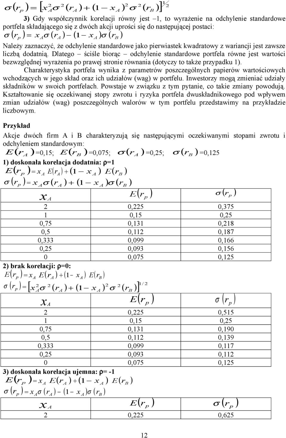 Dlatego ściśle biorąc odchylenie standardowe portfela równe jest wartości bezwzględnej wyrażenia po prawej stronie równania (dotyczy to także przypadku 1).