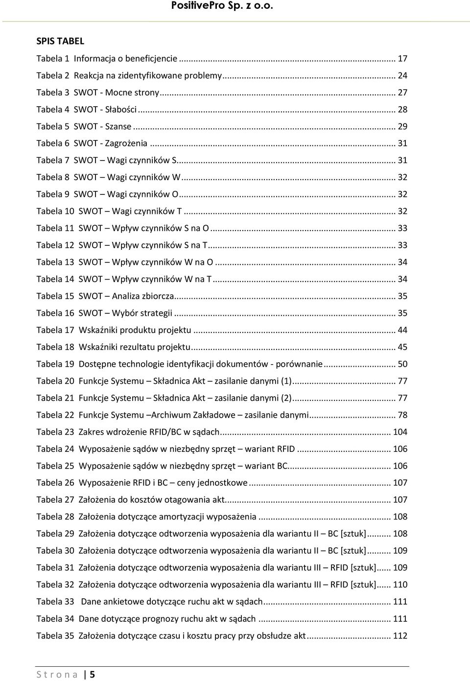 .. 32 Tabela 11 SWOT Wpływ czynników S na O... 33 Tabela 12 SWOT Wpływ czynników S na T... 33 Tabela 13 SWOT Wpływ czynników W na O... 34 Tabela 14 SWOT Wpływ czynników W na T.