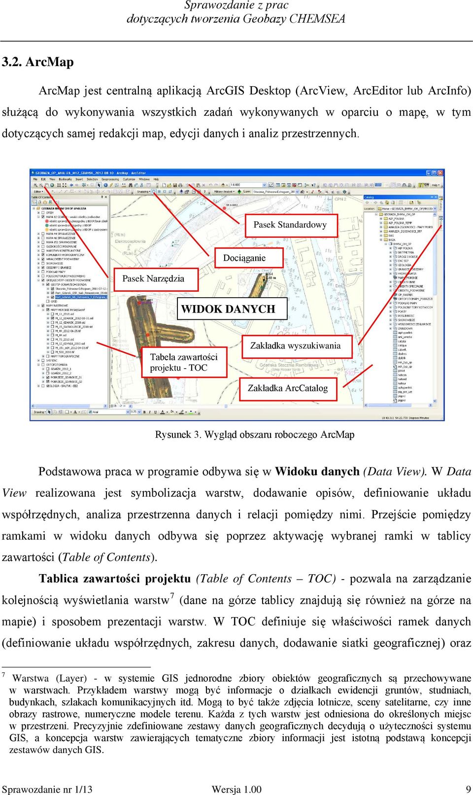 Wygląd obszaru roboczego ArcMap Podstawowa praca w programie odbywa się w Widoku danych (Data View).