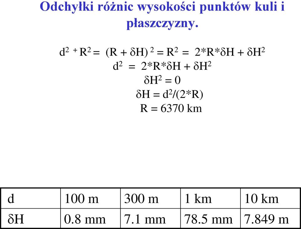 d 2 + R 2 = (R + H) 2 = R 2 = 2*R* H + H 2 d 2 =