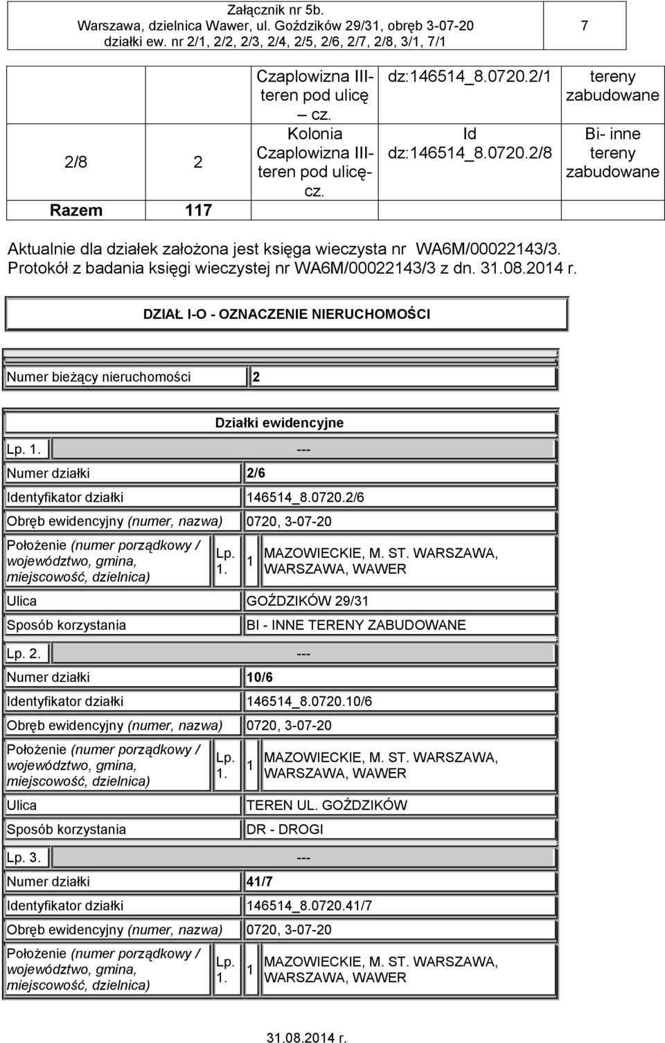 Protokół z badania księgi wieczystej nr WA6M/00022143/3 z dn.