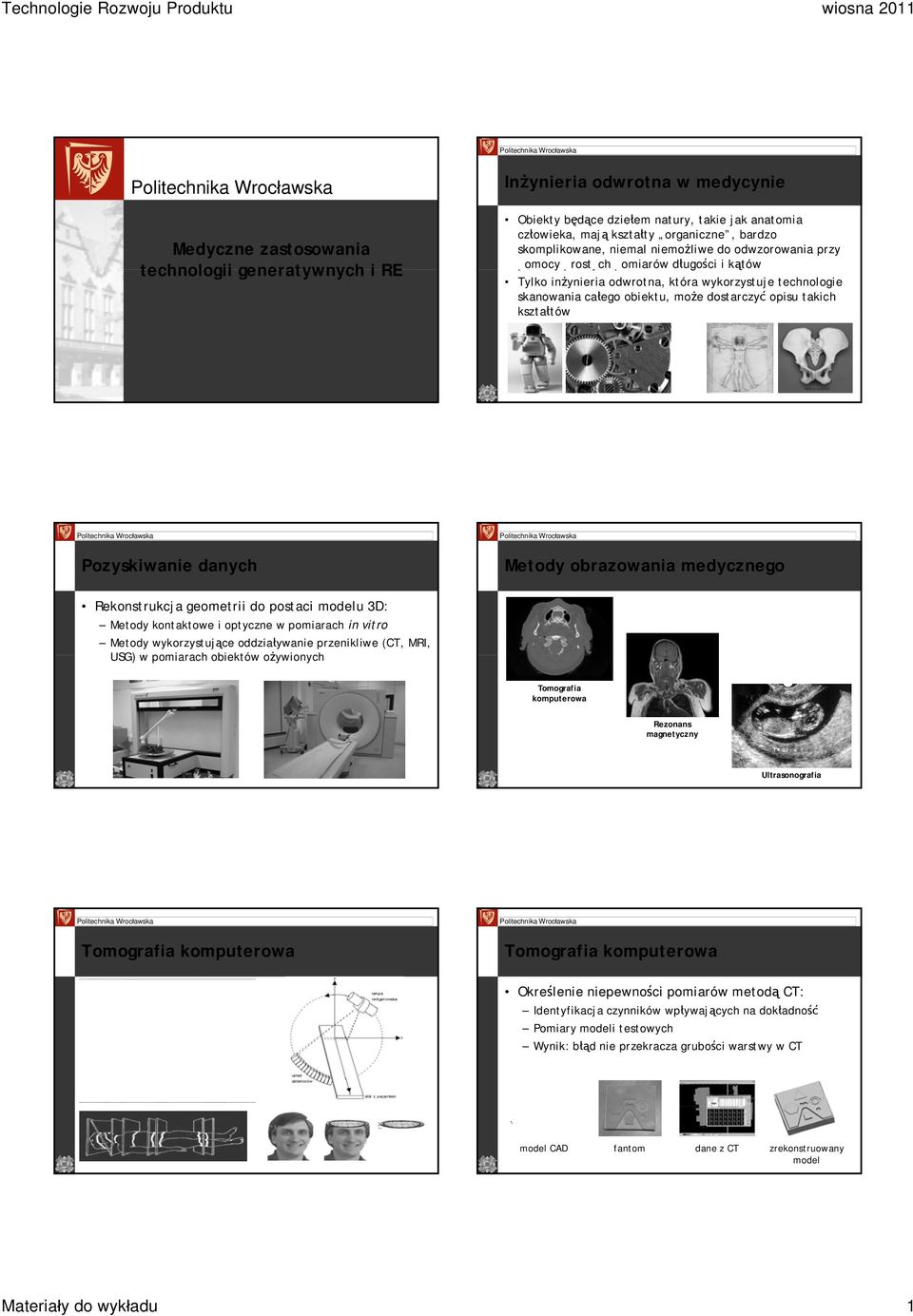 kształtów Pozyskiwanie danych Metody obrazowania medycznego Rekonstrukcja geometrii do postaci modelu 3D: Metody kontaktowe i optyczne w pomiarach in vitro Metody wykorzystujące oddziaływanie