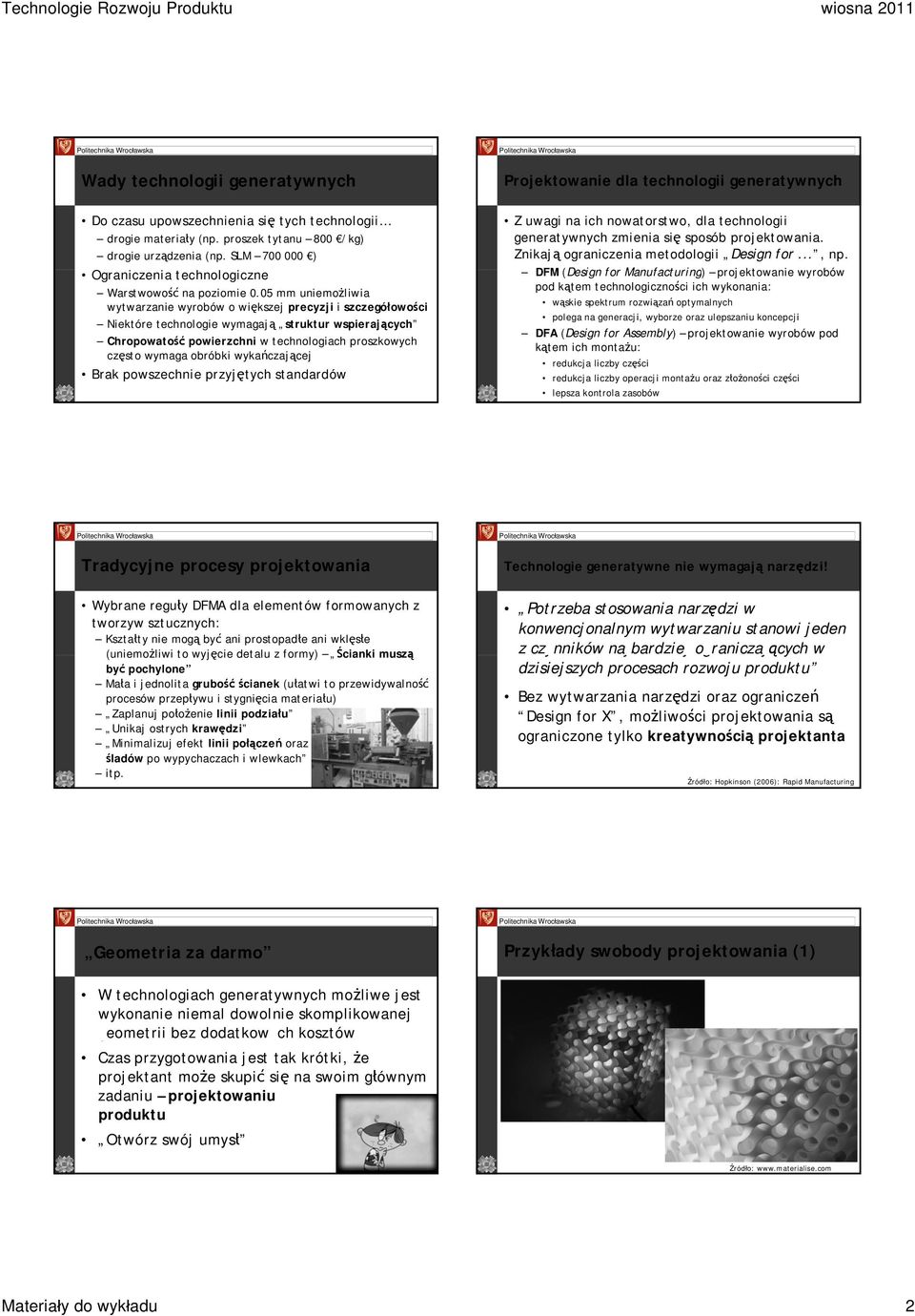 05 mm uniemożliwia wytwarzanie wyrobów o większej precyzji i szczegółowości Niektóre technologie wymagają struktur wspierających Chropowatość powierzchni w technologiach proszkowych często wymaga