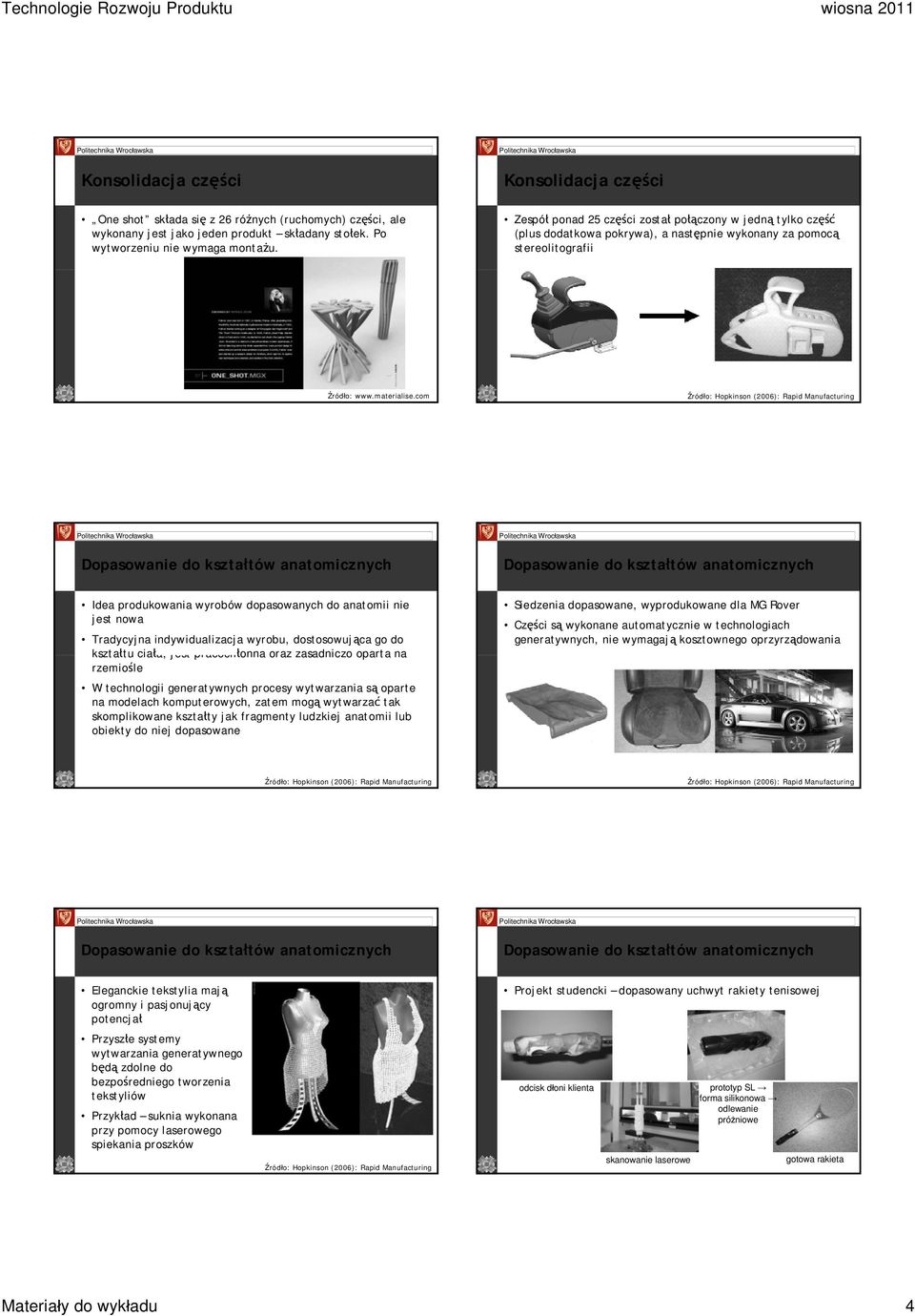 com Źródło: Hopkinson (2006): Rapid Manufacturing Dopasowanie do kształtów anatomicznych Dopasowanie do kształtów anatomicznych Idea produkowania wyrobów dopasowanych do anatomii nie jest nowa