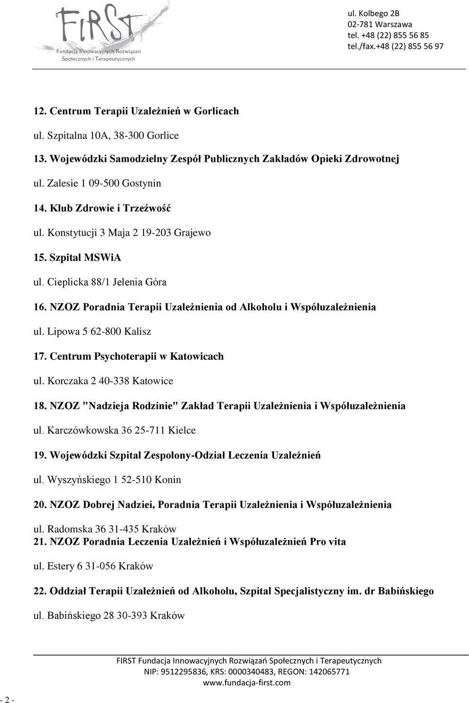 Lipowa 5 62-800 Kalisz 17. Centrum Psychoterapii w Katowicach ul. Korczaka 2 40-338 Katowice 18. NZOZ "Nadzieja Rodzinie" Zakład Terapii Uzależnienia i Współuzależnienia ul.