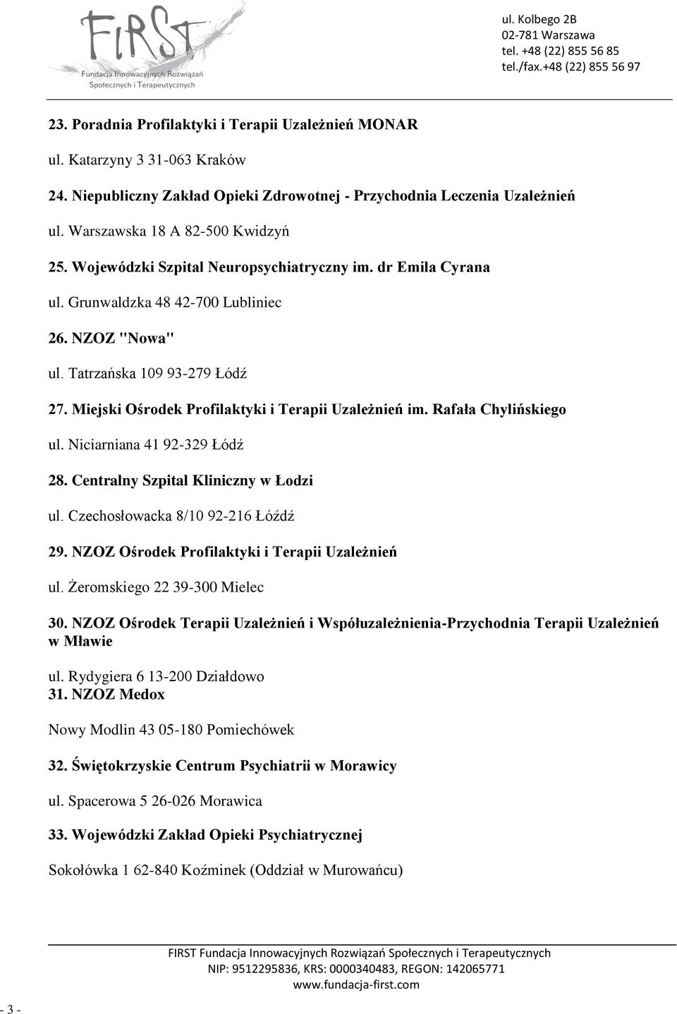 Rafała Chylińskiego ul. Niciarniana 41 92-329 Łódź 28. Centralny Szpital Kliniczny w Łodzi ul. Czechosłowacka 8/10 92-216 Łóźdź 29. NZOZ Ośrodek Profilaktyki i Terapii Uzależnień ul.