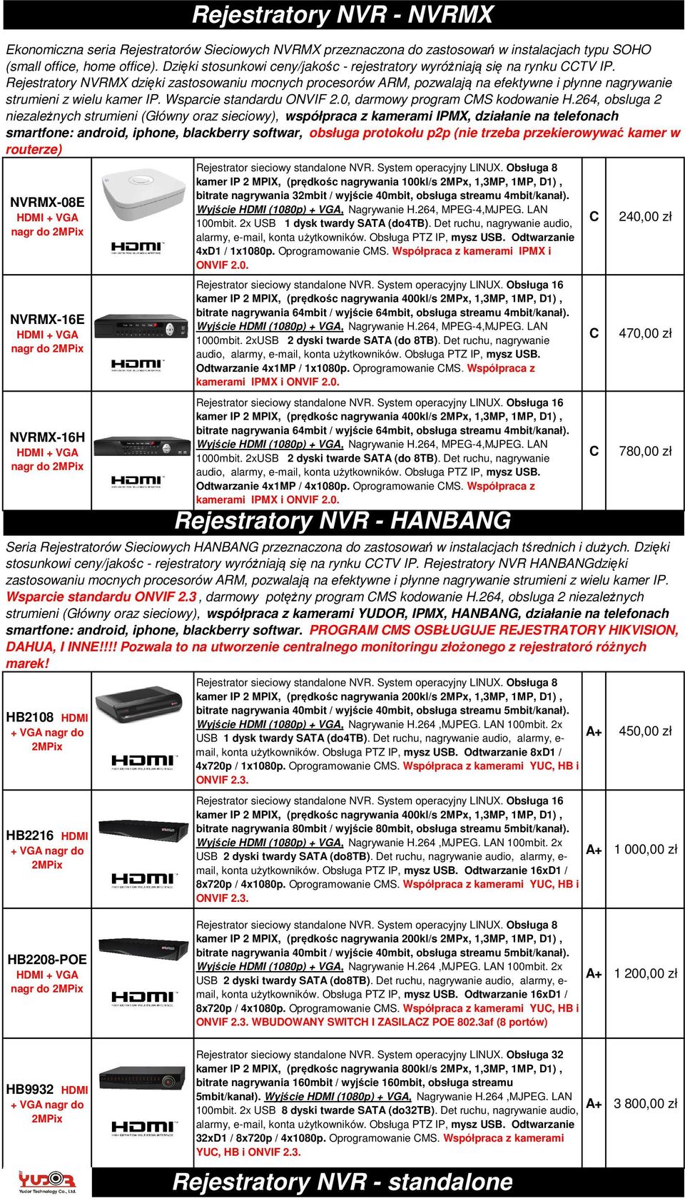 Rejestratory NVRMX dzięki zastosowaniu mocnych procesorów ARM, pozwalają na efektywne i płynne nagrywanie strumieni z wielu kamer IP. Wsparcie standardu ONVIF 2.0, darmowy program MS kodowanie H.