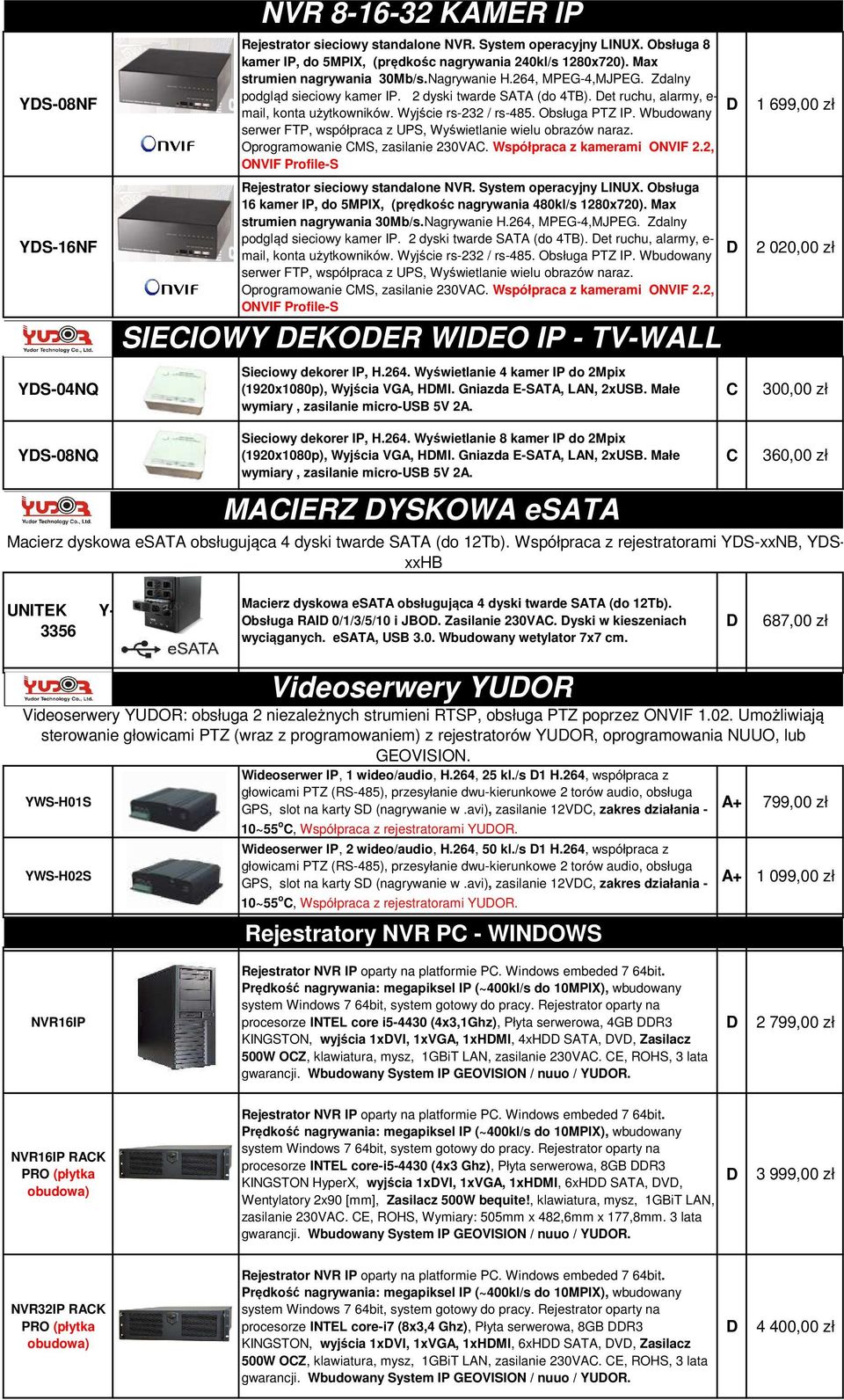 Obsługa PTZ IP. Wbudowany serwer FTP, współpraca z UPS, Wyświetlanie wielu obrazów naraz. Oprogramowanie MS, zasilanie 230VA. Współpraca z kamerami ONVIF 2.