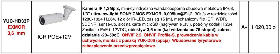 264, 12 diór IR-LE, zasięg 15 [m], mechaniczny filtr IR, WR, 3NR, sense-up, slot na karte micros (nagrywanie.avi), potrójny kodek H.