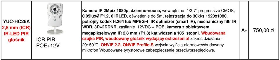 264 lub MPEG-4, IR optimizer (smart IR), mechaniczny filtr IR, WR, 3+2NR, zasilanie 12V + POE, kamera z obiektywem megapikselowym IR 2,8 mm