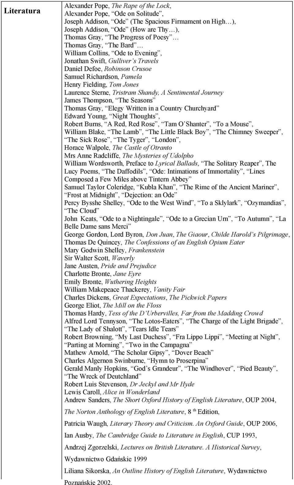 Tristram Shandy, A Sentimental Journey James Thompson, The Seasons Thomas Gray, Elegy Written in a Country Churchyard Edward Young, Night Thoughts, Robert Burns, A Red, Red Rose, Tam O Shanter, To a