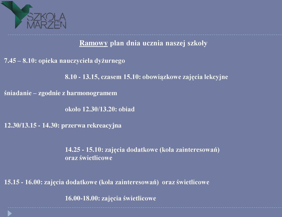 30: przerwa rekreacyjna 14.25-15.10: zajęcia dodatkowe (koła zainteresowań) oraz świetlicowe 15.