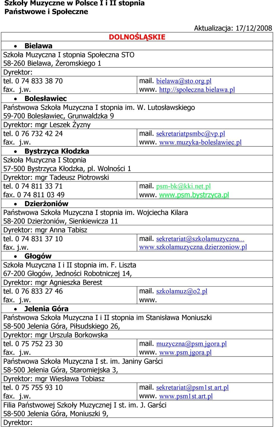 0 76 732 42 24 Bystrzyca Kłodzka Szkoła Muzyczna I Stopnia 57-500 Bystrzyca Kłodzka, pl. Wolności 1 mgr Tadeusz Piotrowski tel. 0 74 811 33 71 0 74 811 03 49 Dzierżoniów im.