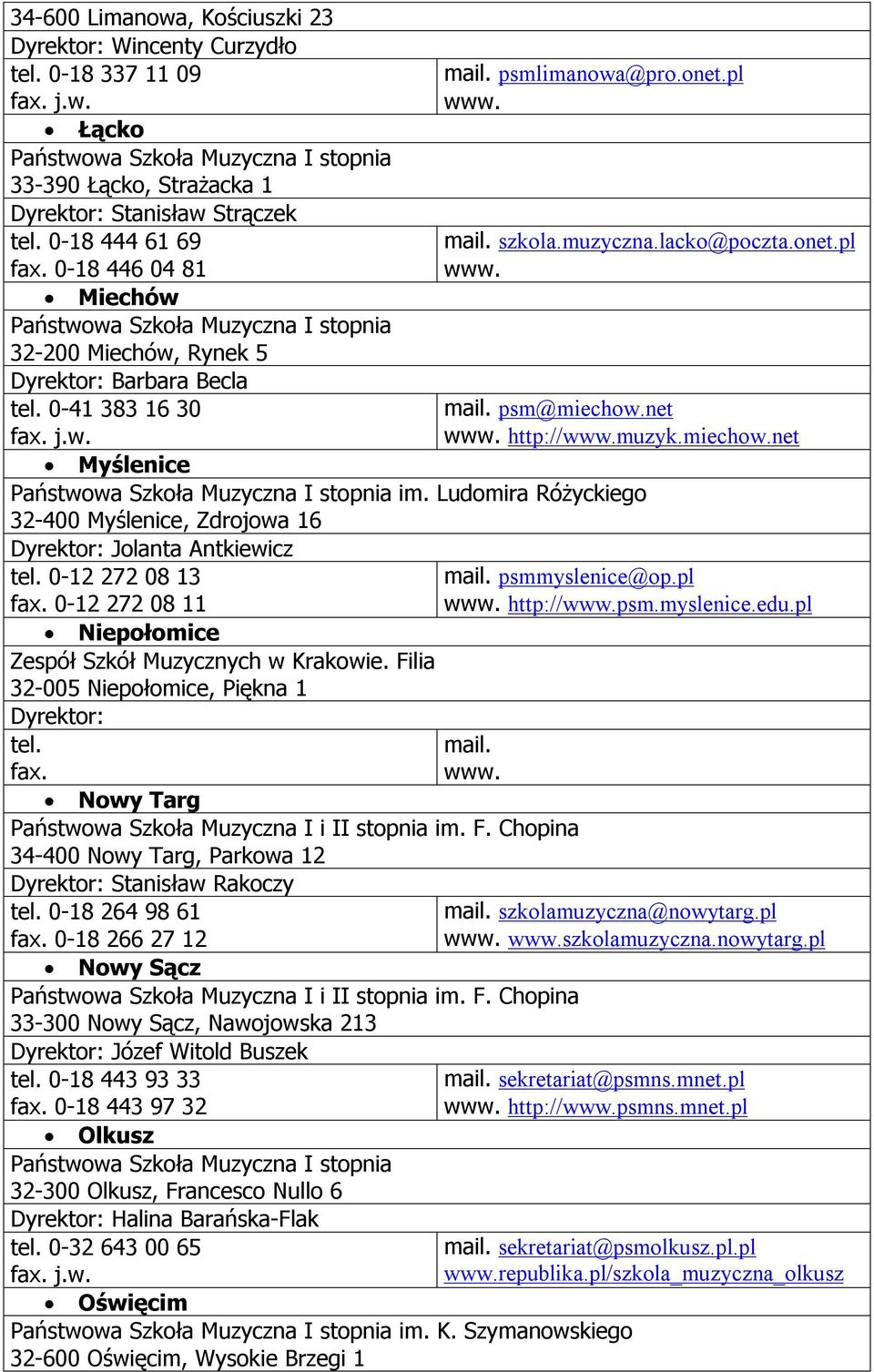 Ludomira Różyckiego 32-400 Myślenice, Zdrojowa 16 Jolanta Antkiewicz tel. 0-12 272 08 13 0-12 272 08 11 Niepołomice Zespół Szkół Muzycznych w Krakowie. Filia 32-005 Niepołomice, Piękna 1 tel.