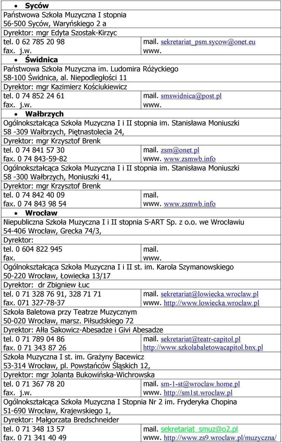 Stanisława Moniuszki 58-309 Wałbrzych, Piętnastolecia 24, mgr Krzysztof Brenk tel. 0 74 841 57 30 0 74 843-59-82 zsm@onet.pl zsmwb.info Ogólnokształcąca Szkoła Muzyczna I i II stopnia im.