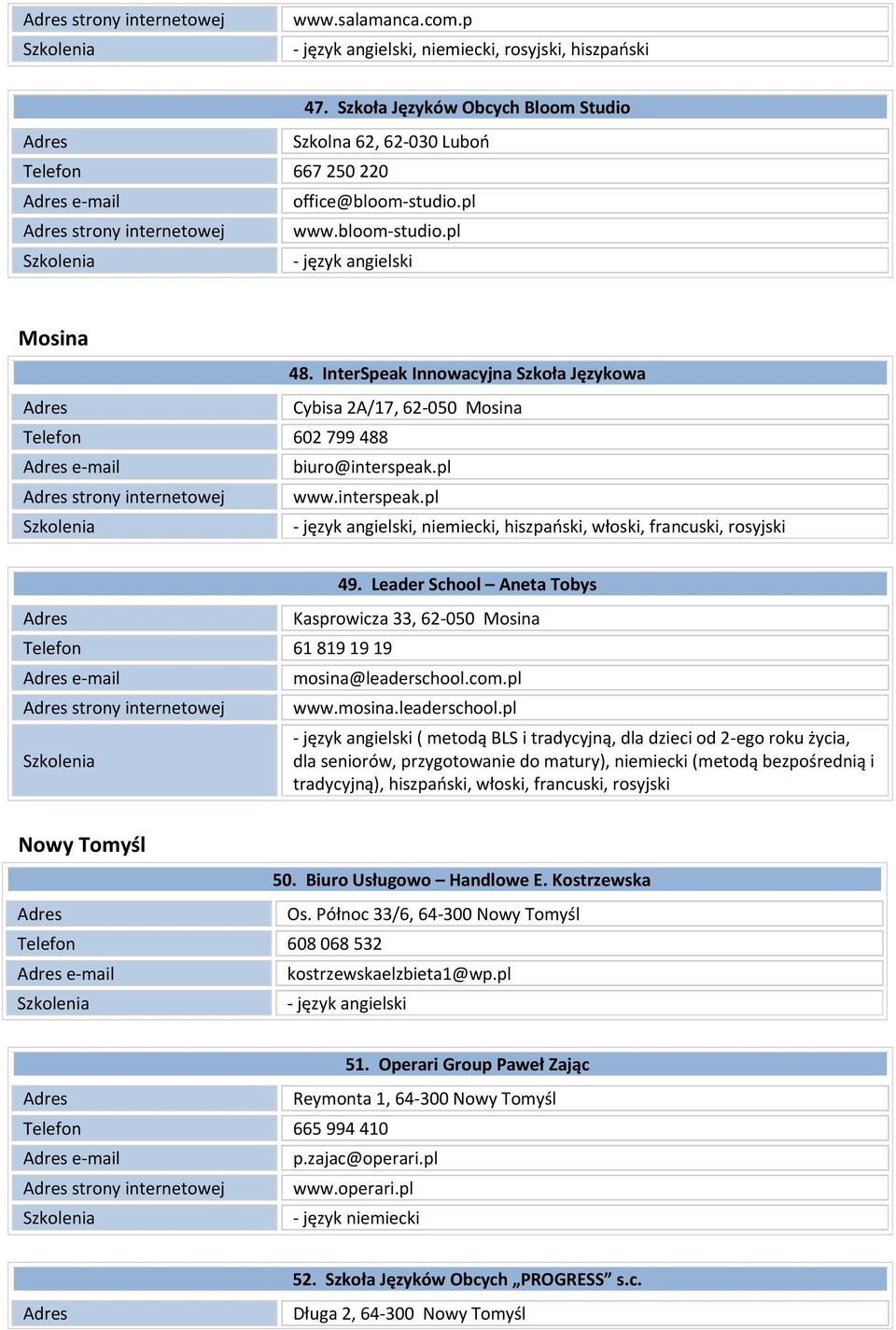 pl strony internetowej www.interspeak.pl, niemiecki, hiszpański, włoski, francuski, rosyjski Telefon 61 819 19 19 e-mail strony internetowej 49.