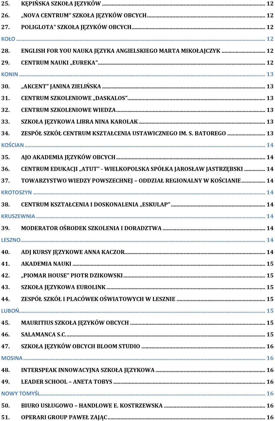 .. 13 34. ZESPÓŁ SZKÓŁ CENTRUM KSZTAŁCENIA USTAWICZNEGO IM. S. BATOREGO... 13 KOŚCIAN... 14 35. AJO AKADEMIA JĘZYKÓW OBCYCH... 14 36. CENTRUM EDUKACJI ATUT - WIELKOPOLSKA SPÓŁKA JAROSŁAW JASTRZĘBSKI.