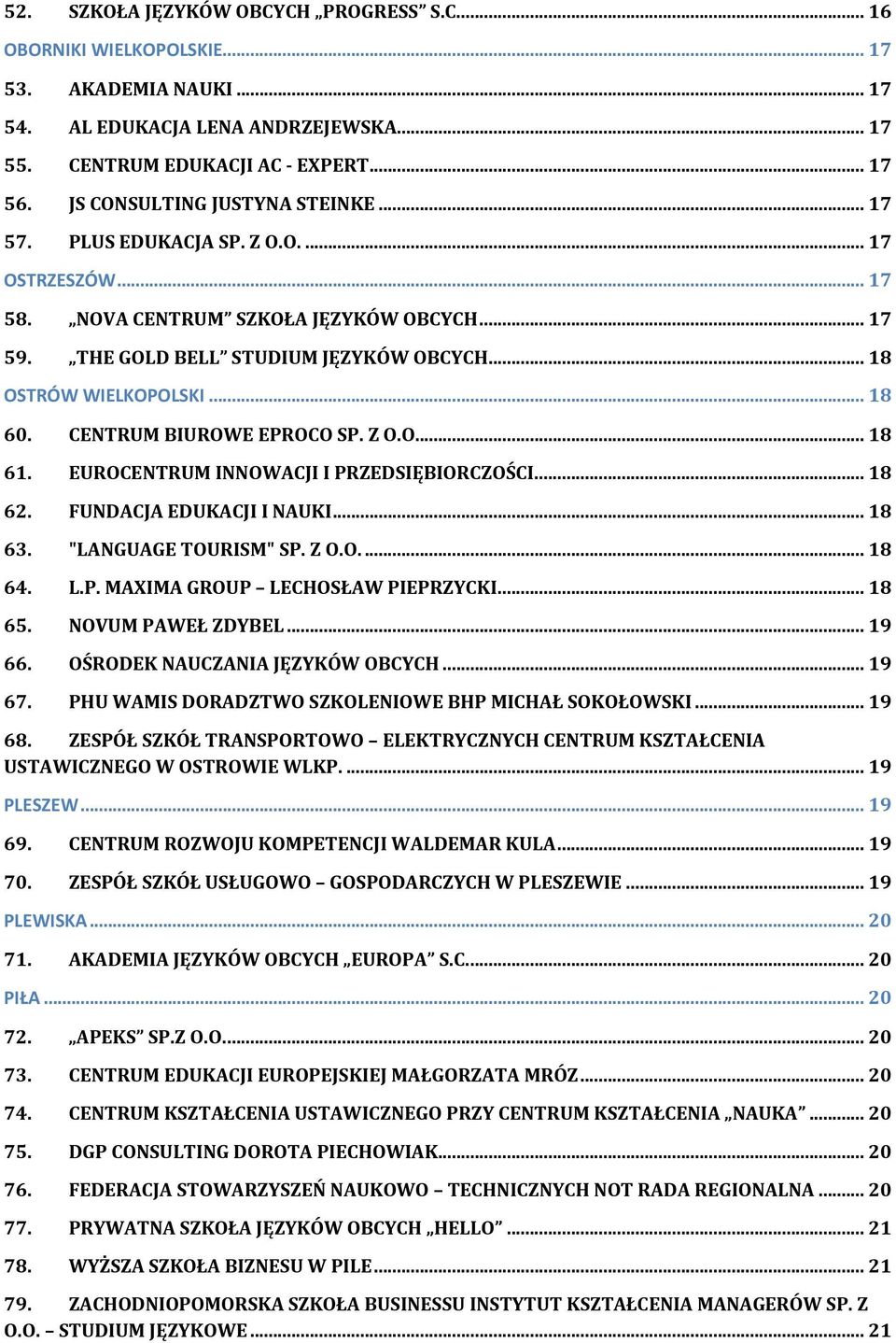 .. 18 60. CENTRUM BIUROWE EPROCO SP. Z O.O... 18 61. EUROCENTRUM INNOWACJI I PRZEDSIĘBIORCZOŚCI... 18 62. FUNDACJA EDUKACJI I NAUKI... 18 63. "LANGUAGE TOURISM" SP. Z O.O.... 18 64. L.P. MAXIMA GROUP LECHOSŁAW PIEPRZYCKI.