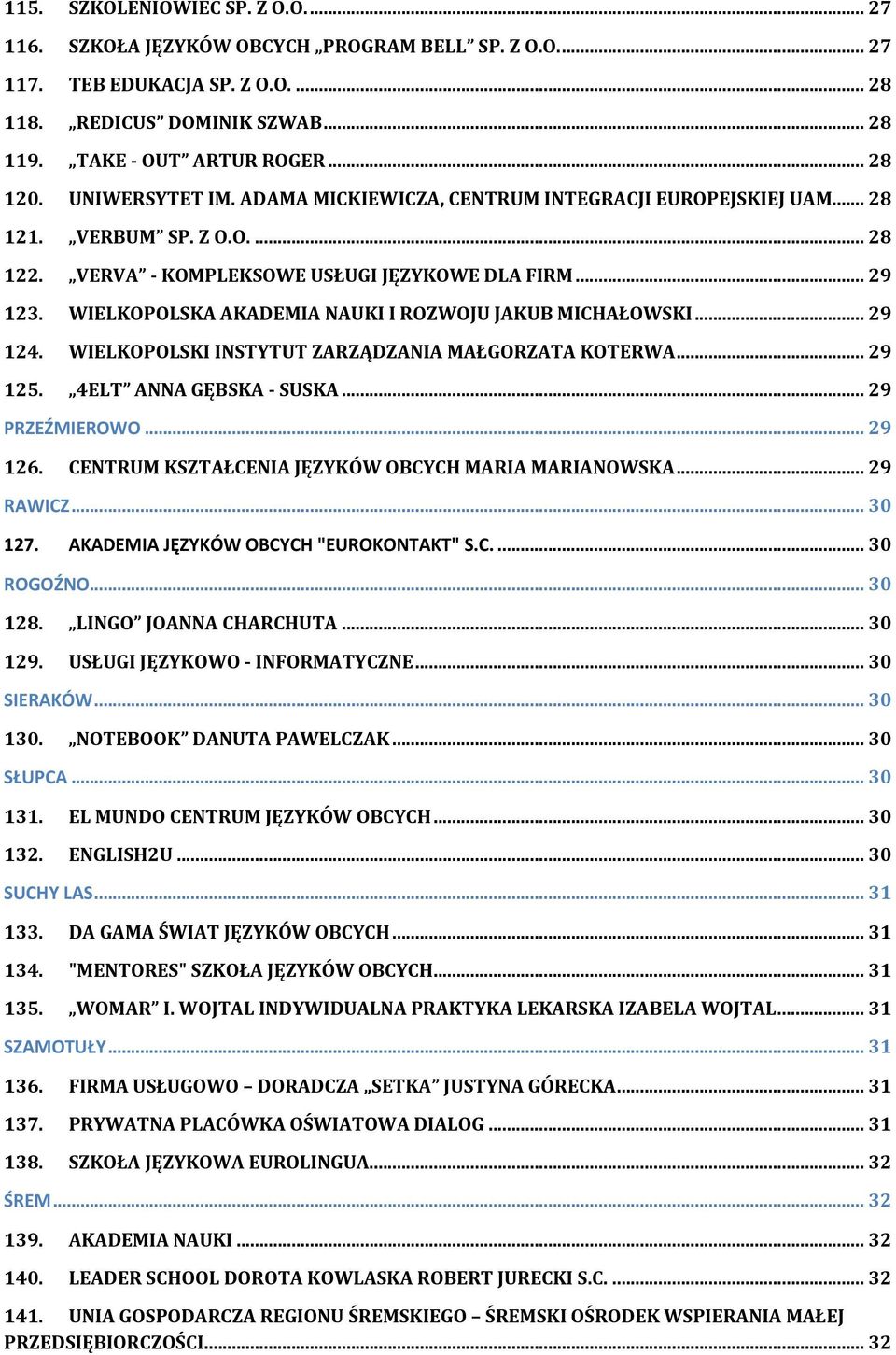 WIELKOPOLSKA AKADEMIA NAUKI I ROZWOJU JAKUB MICHAŁOWSKI... 29 124. WIELKOPOLSKI INSTYTUT ZARZĄDZANIA MAŁGORZATA KOTERWA... 29 125. 4ELT ANNA GĘBSKA - SUSKA... 29 PRZEŹMIEROWO... 29 126.