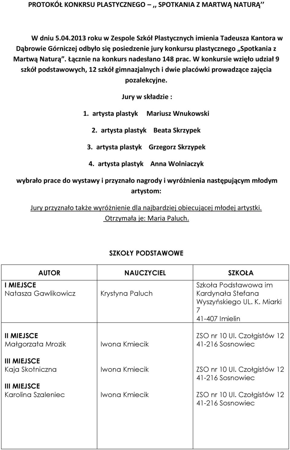 W konkursie wzięło udział 9 szkół podstawowych, 12 szkół gimnazjalnych i dwie placówki prowadzące zajęcia pozalekcyjne.