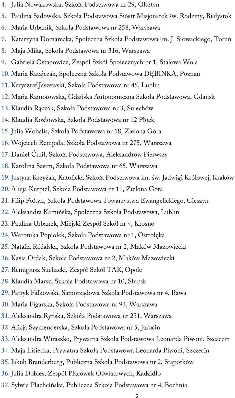 Maria Ratajczak, Społeczna Szkoła Podstawowa DĘBINKA, Poznań 11. Krzysztof Jaszewski, Szkoła Podstawowa nr 45, Lublin 12. Maria Ramotowska, Gdańska Autonomiczna Szkoła Podstawowa, Gdańsk 13.