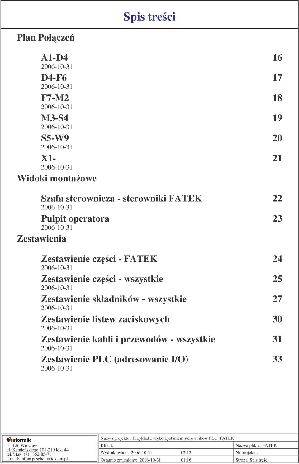 wszystkie 25 2006-0-3 Zestawienie składników - wszystkie 27 2006-0-3 Zestawienie listew zaciskowych 30 2006-0-3 Zestawienie kabli i przewodów -