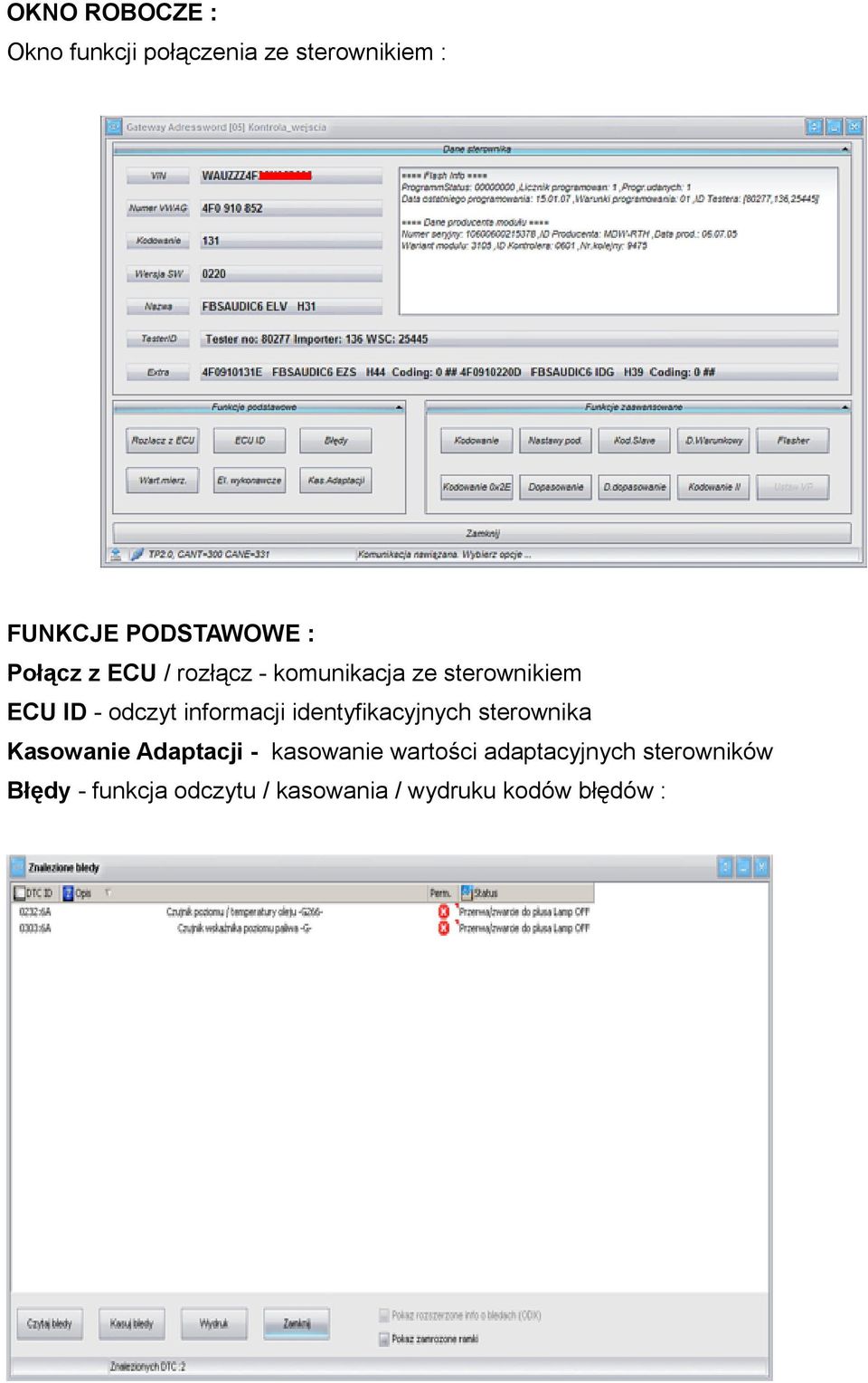 informacji identyfikacyjnych sterownika Kasowanie Adaptacji - kasowanie