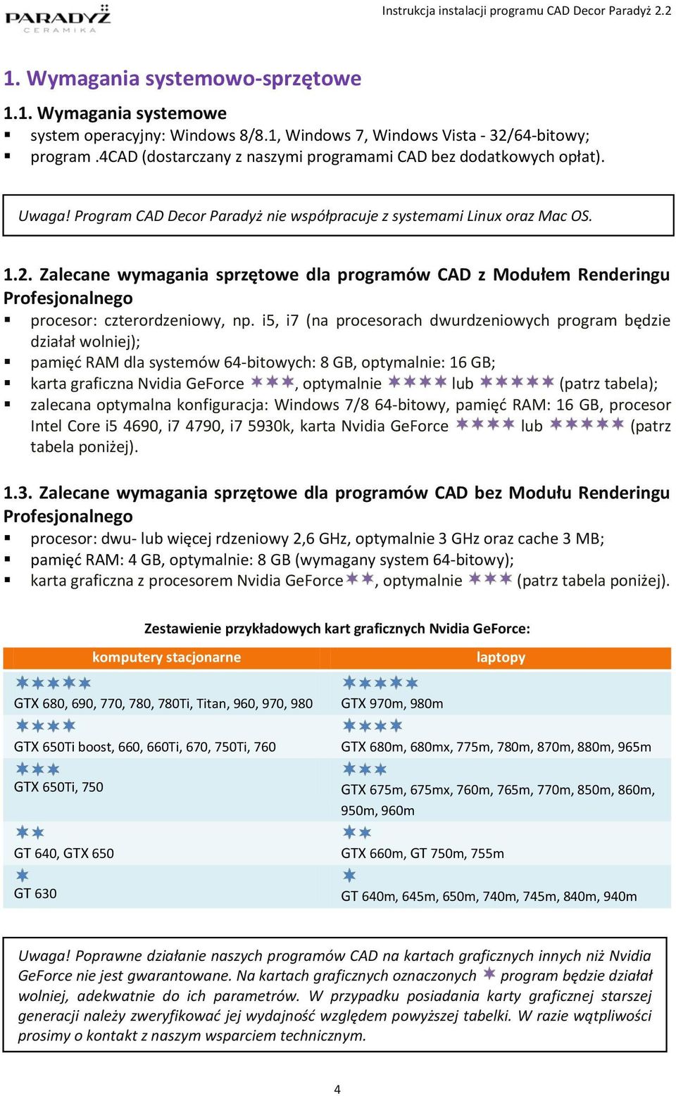 Zalecane wymagania sprzętowe dla programów CAD z Modułem Renderingu Profesjonalnego procesor: czterordzeniowy, np.