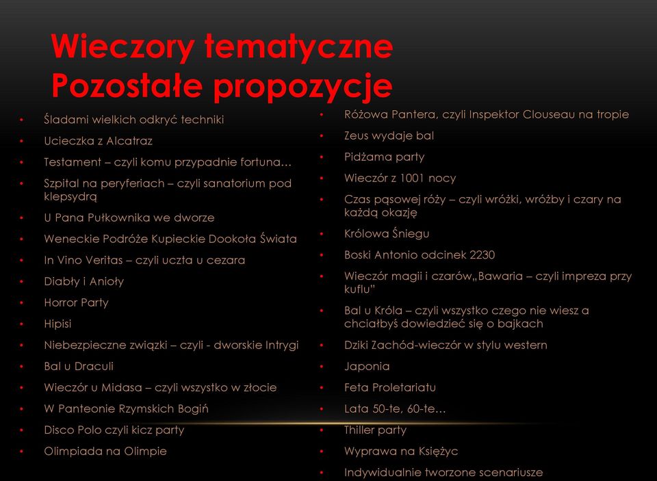 wydaje bal Pidżama party Wieczór z 1001 nocy Czas pąsowej róży czyli wróżki, wróżby i czary na każdą okazję Królowa Śniegu Boski Antonio odcinek 2230 Wieczór magii i czarów Bawaria czyli impreza przy