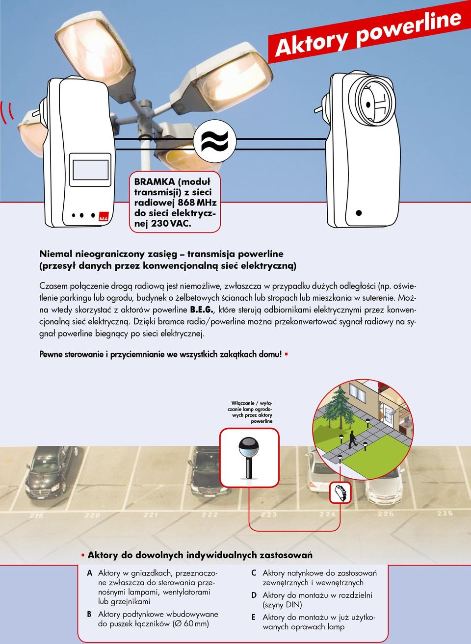 oświetlenie parkingu lub ogrodu, budynek o żelbetowych ścianach lub stropach lub mieszkania w suterenie. Można wtedy skorzystać z aktorów powerline B.E.G.