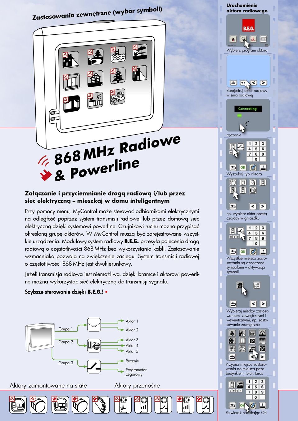 transmisji radiowej lub przez domową sieć elektryczną dzięki systemowi powerline. Czujnikowi ruchu można przypisać określoną grupę aktorów. W MyControl muszą być zarejestrowane wszystkie urządzenia.