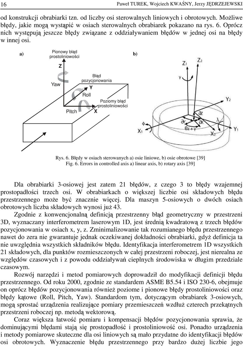 Pionowy błąd a) b) prostoliniowości Z Yaw Pitch Błąd pozycjonowania Y Roll Poziomy błąd prostoliniowości X Rys. 6.
