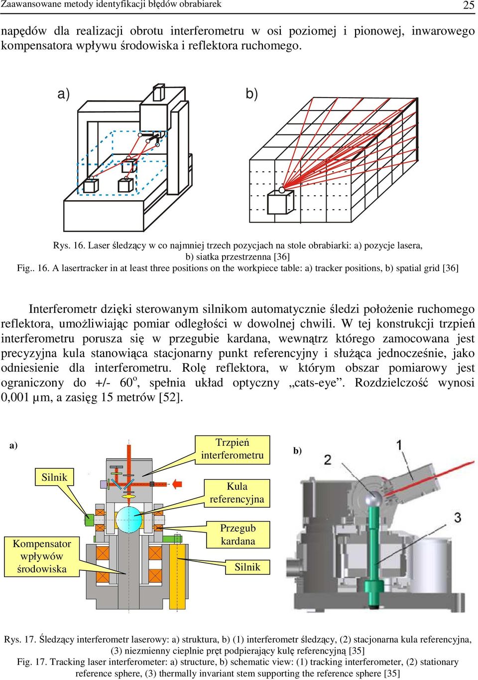 Laser śledzący w co najmniej trzech pozycjach na stole obrabiarki: a) pozycje lasera, b) siatka przestrzenna [36] Fig.. 16.