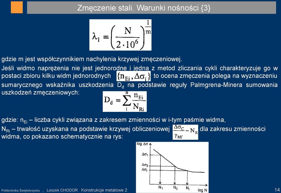 wyznaczeniu sumarycznego wskaźnika uszkodzenia D d na podstawie reguły Palmgrena-Minera sumowania uszkodzeń zmęczeniowych: gdzie: n Ei liczba cykli związana z