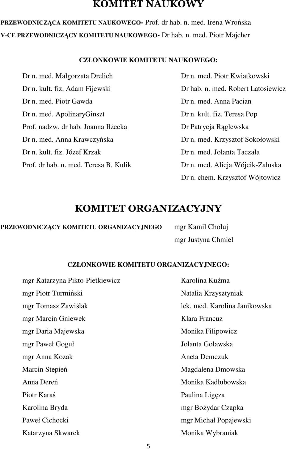 Kulik Dr n. med. Piotr Kwiatkowski Dr hab. n. med. Robert Latosiewicz Dr n. med. Anna Pacian Dr n. kult. fiz. Teresa Pop Dr Patrycja Rąglewska Dr n. med. Krzysztof Sokołowski Dr n. med. Jolanta Taczała Dr n.