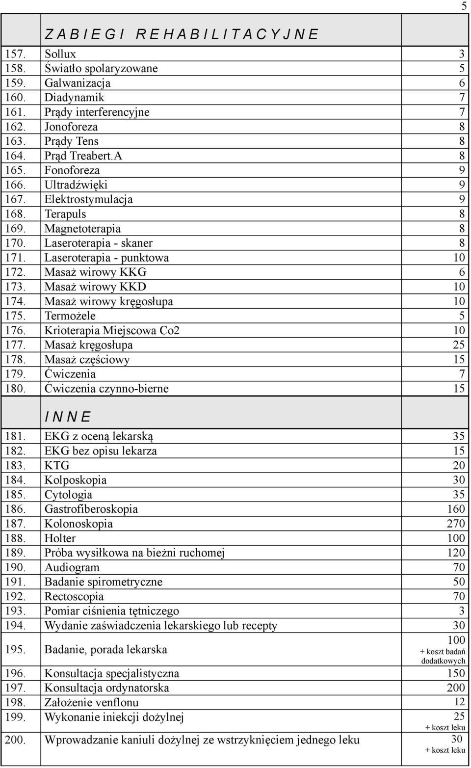 Masaż wirowy KKG 6 173. Masaż wirowy KKD 10 174. Masaż wirowy kręgosłupa 10 175. Termożele 5 176. Krioterapia Miejscowa Co2 10 177. Masaż kręgosłupa 25 178. Masaż częściowy 15 179. Ćwiczenia 7 180.