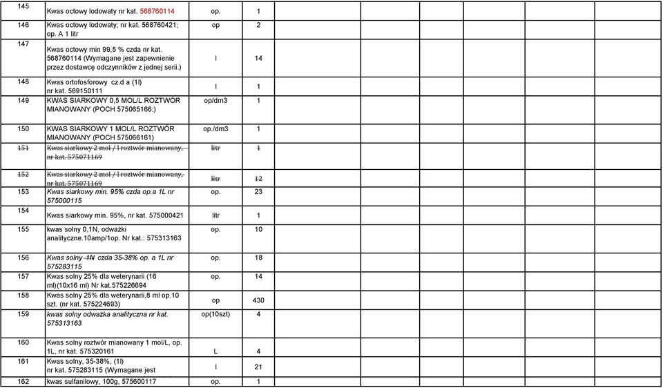 56950 49 KWAS SIARKOWY 0,5 MOL/L ROZTWÓR MIANOWANY (POCH 57506566:) 50 KWAS SIARKOWY MOL/L ROZTWÓR MIANOWANY (POCH 5750666) 5 Kwas siarkowy 2 mol / l roztwór mianowany, nr kat.