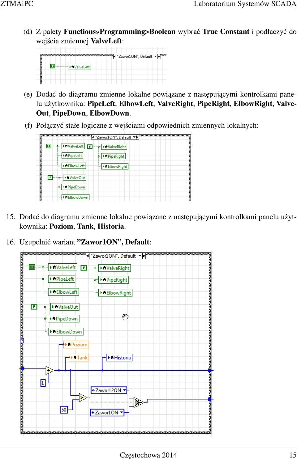 ElbowRight, Valve- Out, PipeDown, ElbowDown. (f) Połączyć stałe logiczne z wejściami odpowiednich zmiennych lokalnych: 15.