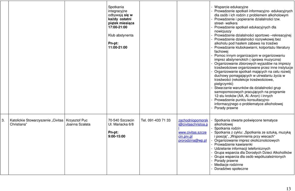 street- walkera - Prowadzenie spotkań edukacyjnych dla nowicjuszy - Prowadzenie działalności sportowo rekreacyjnej - Prowadzenie działalności rozrywkowej bez alkoholu pod hasłem zabawa na trzeźwo -