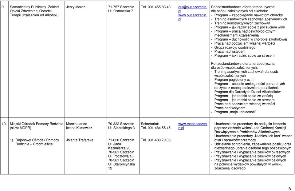 Ponadstandardowa oferta terapeutyczna dla osób uzaleŝnionych od alkoholu: - Program zapobieganie nawrotom choroby - Trening asertywnych zachowań abstynenckich - Trening konstruktywnych zachowań -