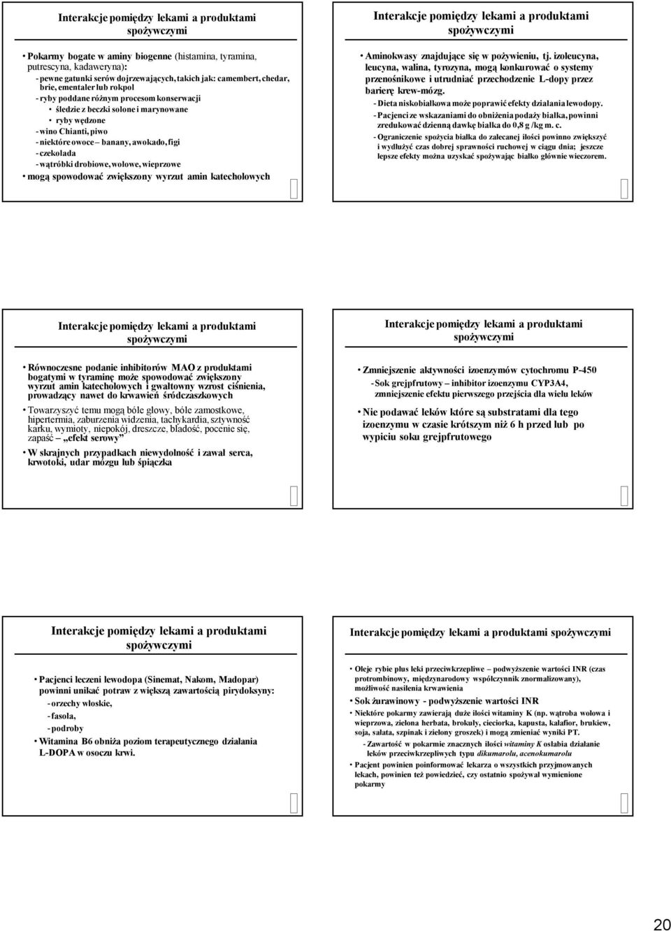 wątróbki drobiowe, wołowe, wieprzowe mogą spowodować zwiększony wyrzut amin katecholowych Interakcje pomiędzy lekami a produktami spożywczymi Aminokwasy znajdujące się w pożywieniu, tj.