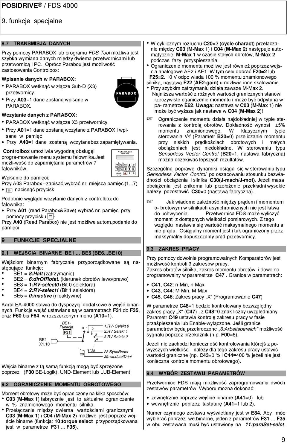 Wczytanie danych z PARABOX: PARABOX wetknąć w złącze X3 przetwornicy. Przy A01=1 dane zostaną wczytane z PARABOX i wpisane w pamięć Przy A40=1 dane zostaną wczytanebez zapamiętywania.