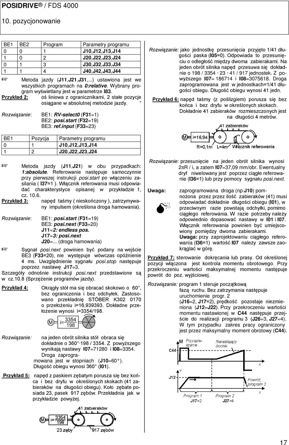 Przykład 2: oś liniowa z ogranicznikami, 2 stałe pozycje osiągane w absolutnej metodzie jazdy. Rozwiązanie: BE1: RV-select0 (F31=1) BE2: posi.start (F32=19) BE3: ref.